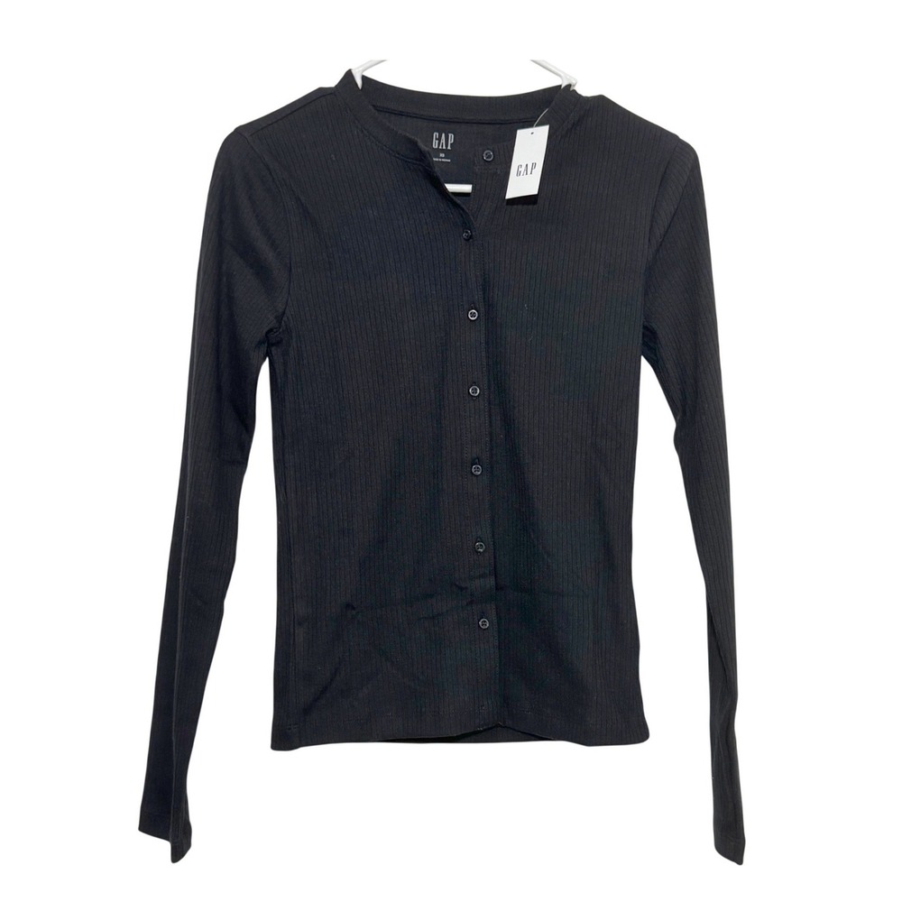 GAP Cardigan Black Ribbed Button Front Women XS NEW Long Sleeve Crew Neck Top